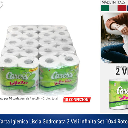 Carta Igienica Caress Infinita 2 Veli Pura Cellulosa - Maxi Scorta 40 Rotoli (10 Confezioni da 4)