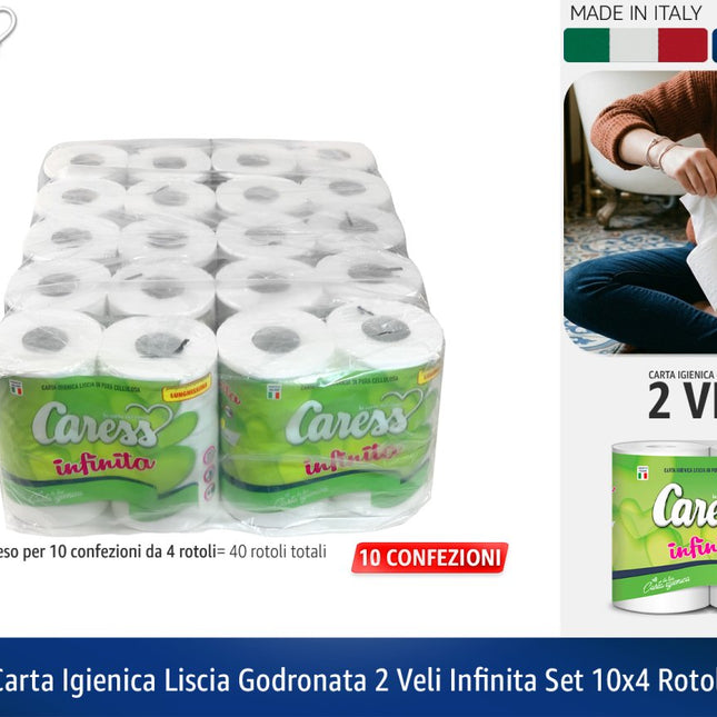 Carta Igienica Caress Infinita 2 Veli Pura Cellulosa - Maxi Scorta 40 Rotoli (10 Confezioni da 4) Caress