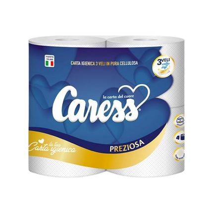 Carta Igienica 3 Veli Extra Resistente - Goffradeco Incolla, 100% Cellulosa, Caress Preziosa - Conf. 10 x 4 Rotoli Caress
