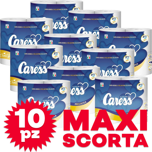 Carta Igienica 3 Veli Extra Resistente - Goffradeco Incolla, 100% Cellulosa, Caress Preziosa - Conf. 10 x 4 Rotoli Caress