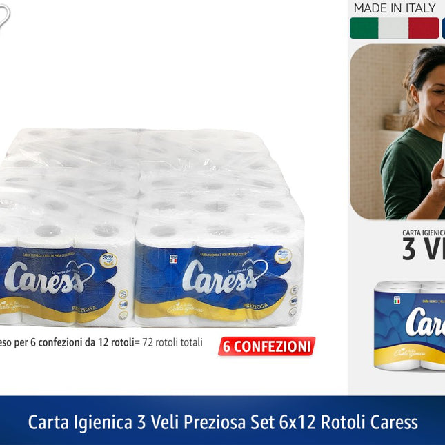 Carta Igienica Caress Preziosa 3 Veli - Maxi Scorta 72 Rotoli (6 Confezioni da 12) Caress