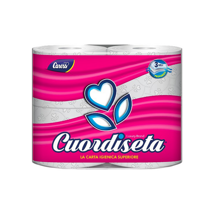 Carta Igienica Profumata 3 Veli Deco-Goffrata - Goffradeco Incolla, 100% Cellulosa, Caress Cuordiseta - Conf. 10 x 4 Rotoli Caress