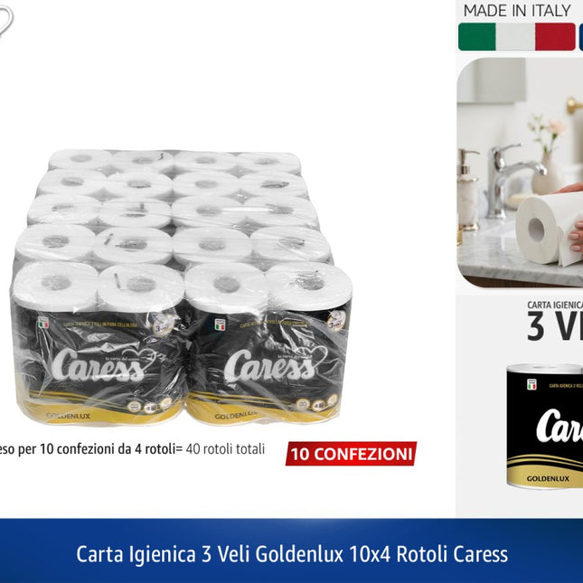 Carta Igienica Caress Goldenlux 3 Veli - Maxi Scorta 40 Rotoli (10 Confezioni da 4) Caress