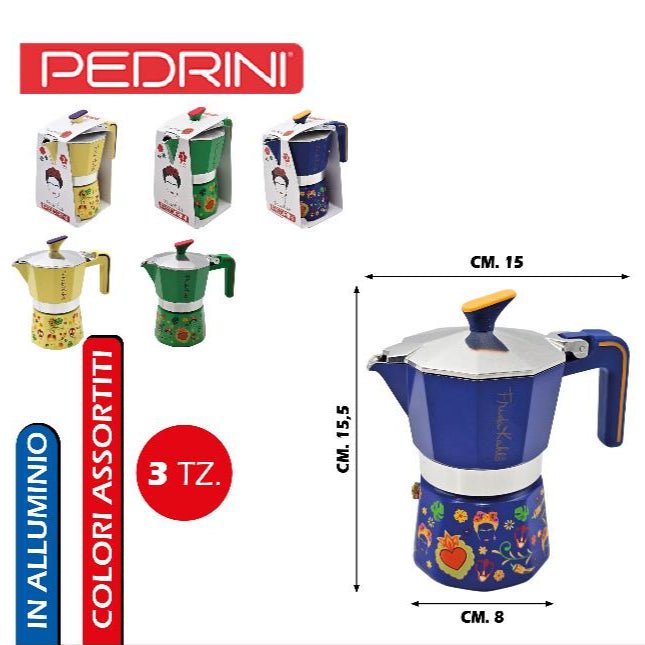 Caffettiera Frida Kahlo in varie misure e colori assortiti 3 Tazze Pedrini