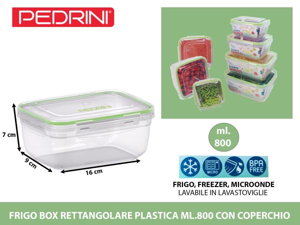 Pedrini Frigo Box Rettangolare E Quadrato In Plastica Con Coperchio Per Conservazione Alimenti 400/500/800/900/1400/1500/2300 Ml Pedrini