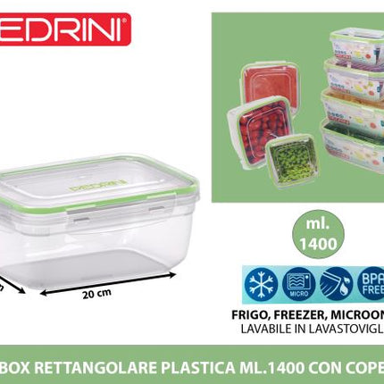 Pedrini Frigo Box Rettangolare E Quadrato In Plastica Con Coperchio Per Conservazione Alimenti 400/500/800/900/1400/1500/2300 Ml 1400 ml Pedrini