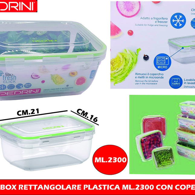 Pedrini Frigo Box Rettangolare E Quadrato In Plastica Con Coperchio Per Conservazione Alimenti 400/500/800/900/1400/1500/2300 Ml Pedrini