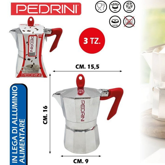 Caffettiera Brillant con Manico e Pomello, Vari Capacità e Design Classico 3 tz. Pedrini