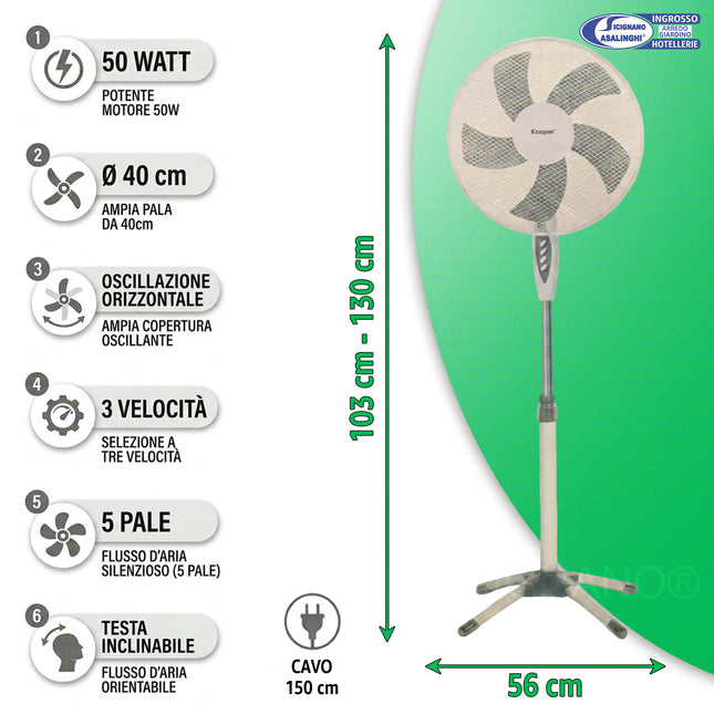 Ventilatore a Piantana 40 cm, 50W, 3 Velocità, 5 Pale, Altezza Regolabile 103-130 cm, Oscillante, Testa Inclinabile, Bassa Rumorosità per Casa e Ufficio D&D Casalinghi