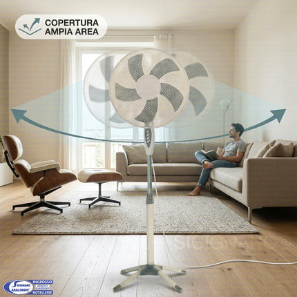 Ventilatore a Piantana, 50W, 3 Velocità, Diametro 40 cm, 5 Pale, Altezza Regolabile fino a 130 cm, Oscillazione Orizzontale D&D Casalinghi