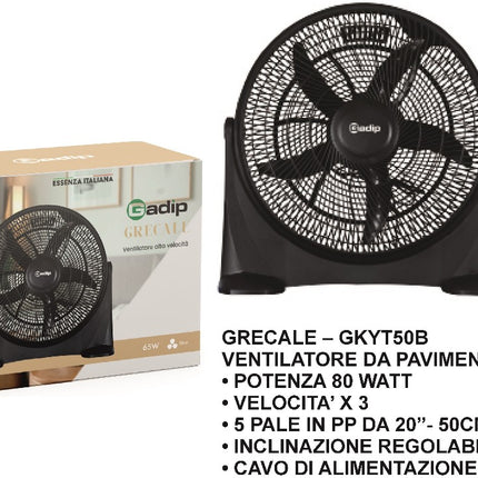 GRECALE GKYT50B – Ventilatore da Pavimento 50 cm, 80W, 3 Velocità, 5 Pale in PP AGV