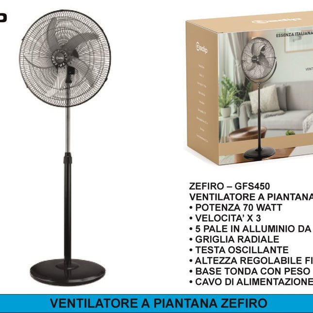 ZEFIRO GFS450 – Ventilatore a Piantana 45 cm, 70W, 3 Velocità, Altezza Regolabile AGV