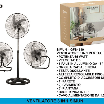 SIMÙN 3 in 1 Ventilatore in Metallo 45 cm – Piantana, Parete o Pavimento, 65W, 3 Velocità, Altezza Regolabile fino a 130 cm AGV