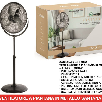 SANTANA GFS451 – Ventilatore a Piantana in Metallo 45 cm, 120W, 3 Velocità, Altezza Regolabile fino a 130 cm AGV
