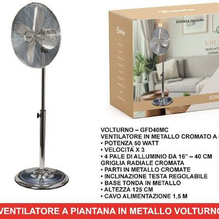 VOLTURNO GFD40MC – Ventilatore a Piantana in Metallo Cromato, 40 cm, 50W, 3 Velocità, Altezza 125 cm AGV