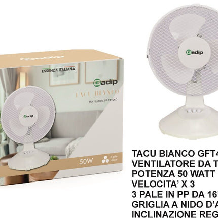 TACU Bianco GFT42D – Ventilatore da Tavolo 50W, 40 cm, 3 Velocità, 3 Pale in PP, Inclinazione Regolabile AGV