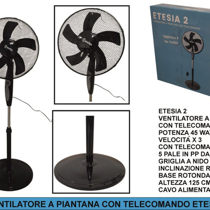 DPM Etesia 2 – Ventilatore a Piantana con Telecomando, 45W, 5 Pale da 40 cm, 3 Velocità, Altezza 125 cm, Griglia a Nido d’Ape AGV