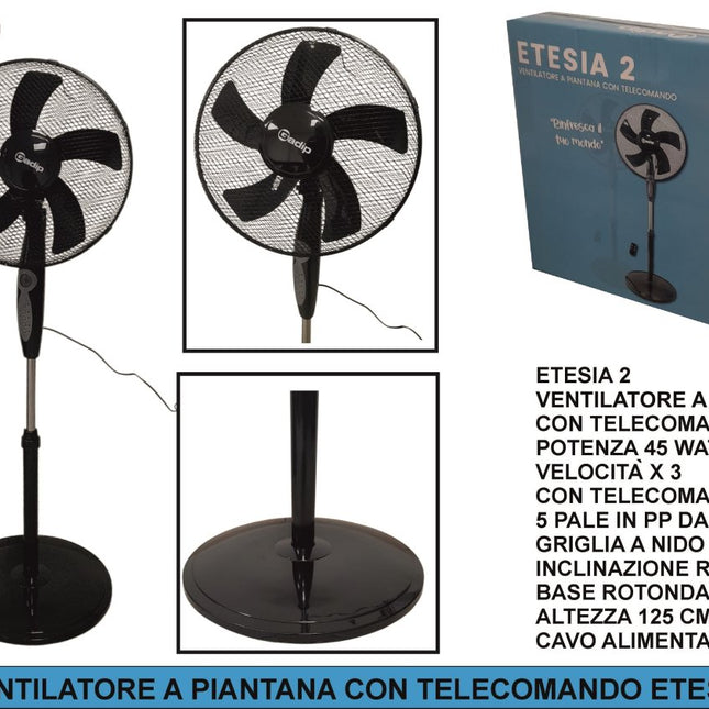 DPM Etesia 2 – Ventilatore a Piantana con Telecomando, 45W, 5 Pale da 40 cm, 3 Velocità, Altezza 125 cm, Griglia a Nido d’Ape AGV