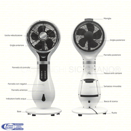Ventilatore con Nebulizzatore 80W, 5 Pale 30 cm, 3 Velocità, Telecomando, Timer 9.5 Ore, Tanica 2.3 L DCG
