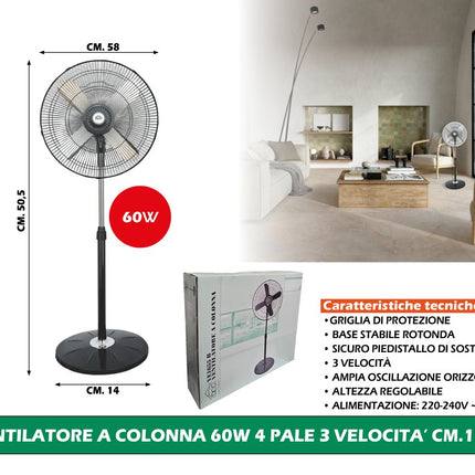 VE1655 – Ventilatore a Colonna 60W, 4 Pale, Diametro 50 cm, 3 Velocità, Oscillante, Altezza fino a 135 cm DCG