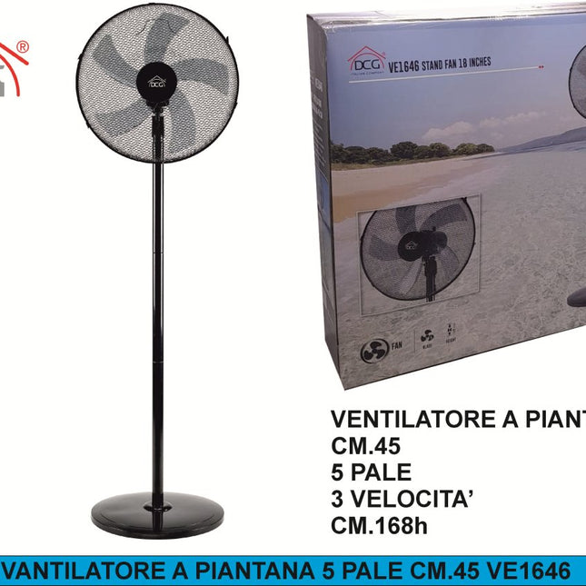 Ventilatore a Piantana VE1646 – 5 Pale Ø 45 cm, 3 Velocità, Oscillante, Altezza Regolabile fino a 168 cm DCG