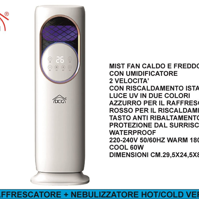 Ventilatore Raffrescatore con Nebulizzatore Hot/Cold VERI80 – Caldo & Freddo 2 in 1, Umidificatore Integrato, 1800W/60W con Sicurezze DCG