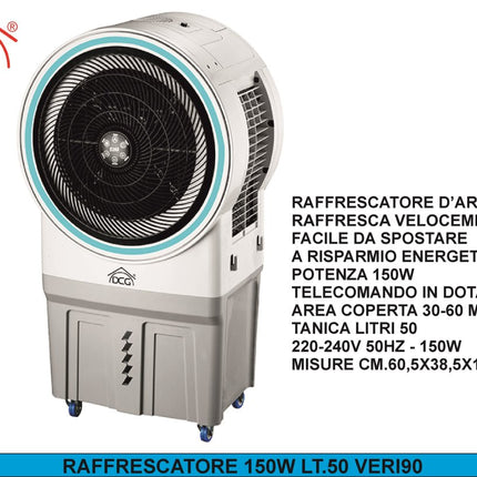 Ventilatore Raffrescatore VERI90 – Tanica 50 L, 150W, per Ambienti fino a 60 m², Portatile con Ruote, Telecomando e Comandi Touch DCG