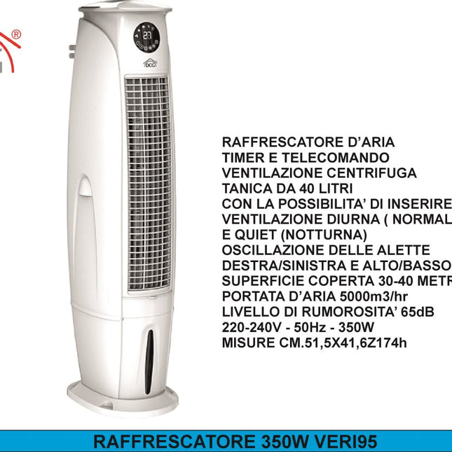 Ventilatore Raffrescatore VERI95 – Tanica 40 L con Vano Ghiaccio, 5000 m³/h, Modalità Giorno/Notte, Telecomando e Comandi Touch DCG