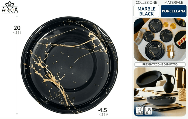 Piatto Fondo in Porcellana 20 cm Marble Black – Design Intenso per Primi Piatti di Carattere Arca