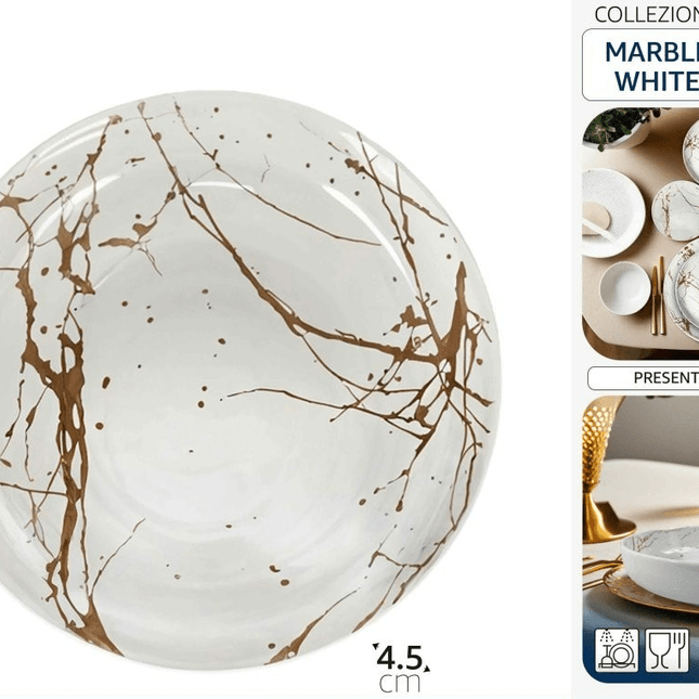 Arca Piatto Fondo in Porcellana 20 cm Marble White – Raffinatezza Quotidiana per Primi Piatti e Zuppe Arca