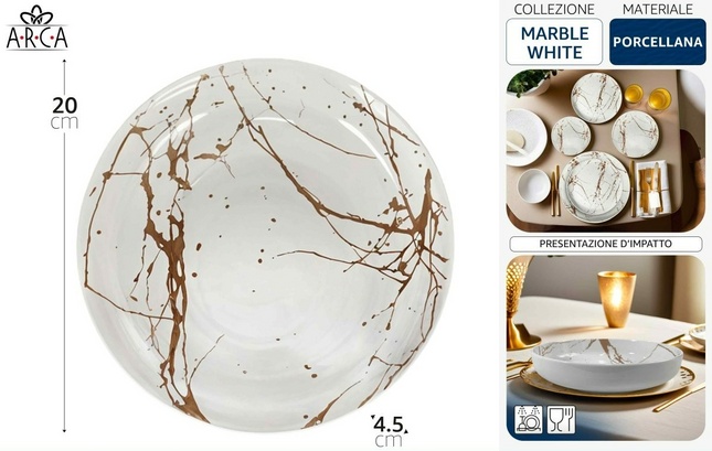 Piatto Fondo in Porcellana 20 cm Marble White – Raffinatezza Quotidiana per Primi Piatti e Zuppe Arca