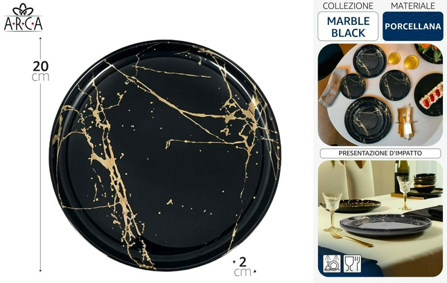 Piatto Frutta in Porcellana 20 cm Marble Black – Design Elegante per Dessert e Piccole Portate Arca