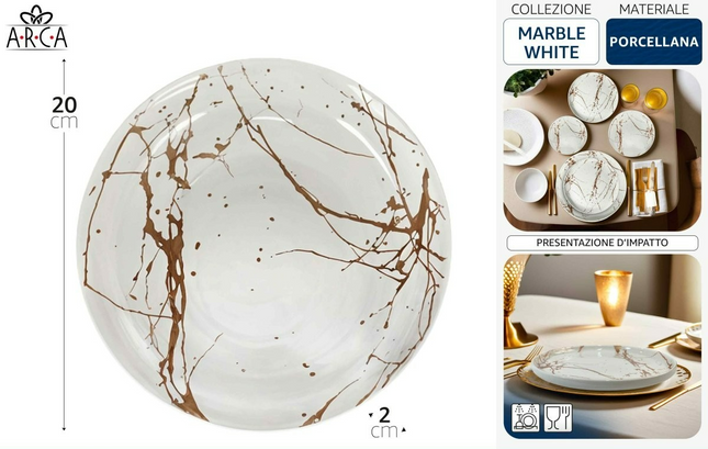 Piatto Frutta in Porcellana 20 cm Marble White – Stile Raffinato per Dessert e Antipasti Arca