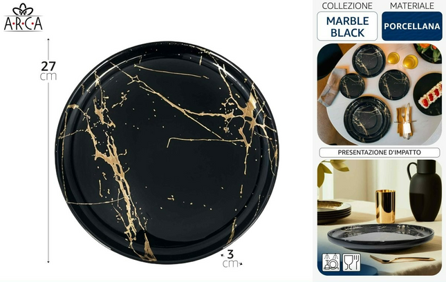 Piatto Porcellana Piano 27 cm Marble Black – Eleganza Contemporanea per Ogni Tavola Arca
