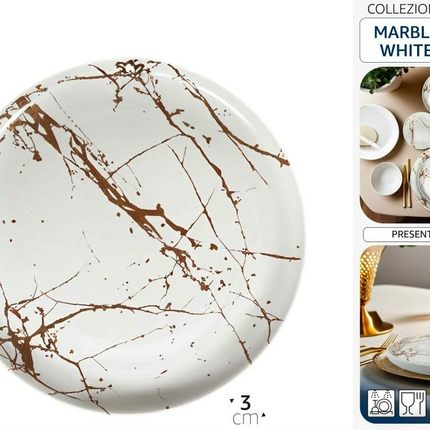 Piatto Porcellana Piano 27 cm Marble White – Eleganza e Resistenza per la Tavola Moderna Arca