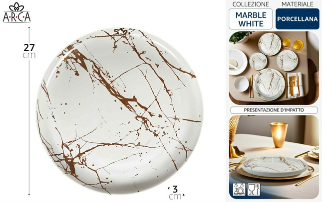Piatto Porcellana Piano 27 cm Marble White – Eleganza e Resistenza per la Tavola Moderna Arca