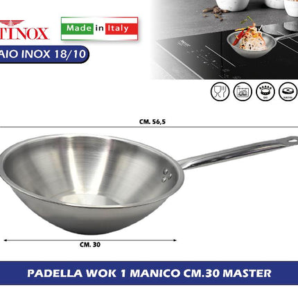 Padella Wok Ø30 Cm, Acciaio Inox 18/10 Con Triplo Fondo, Per Gas Elettrico Induzione Vetroceramica, Linea Master – Made In Italy – Per Ristorazione E Uso Domestico Pintinox