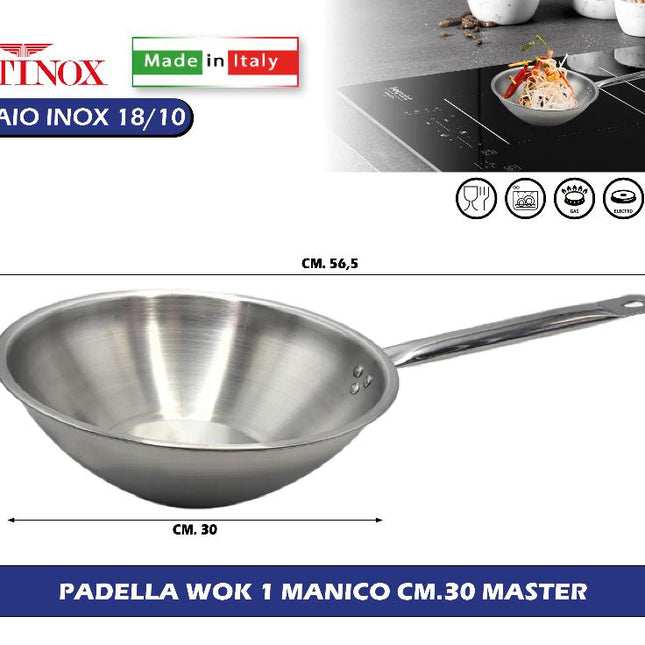 Padella Wok Ø30 Cm, Acciaio Inox 18/10 Con Triplo Fondo, Per Gas Elettrico Induzione Vetroceramica, Linea Master – Made In Italy – Per Ristorazione E Uso Domestico