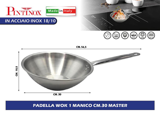 Padella Wok Ø30 Cm, Acciaio Inox 18/10 Con Triplo Fondo, Per Gas Elettrico Induzione Vetroceramica, Linea Master – Made In Italy – Per Ristorazione E Uso Domestico Pintinox