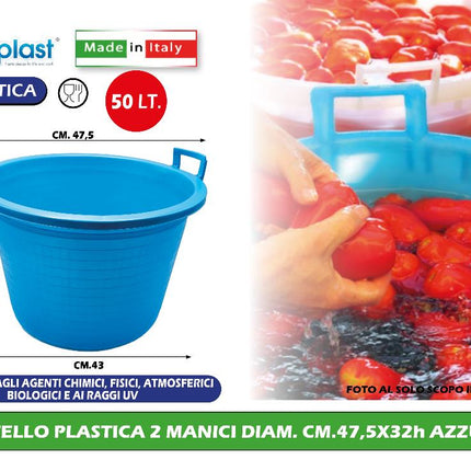 Ecoplast Mastello In Plastica Con 2 Manici - Ø 47,5 Cm, H 32 Cm, Azzurro