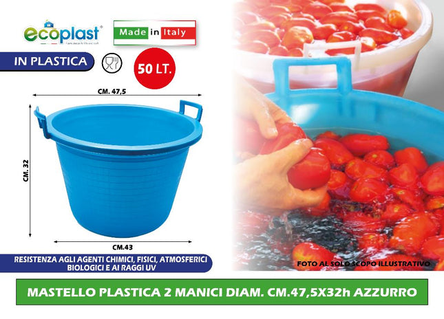Ecoplast Mastello In Plastica Con 2 Manici - Ø 47,5 Cm, H 32 Cm, Azzurro Ecoplast