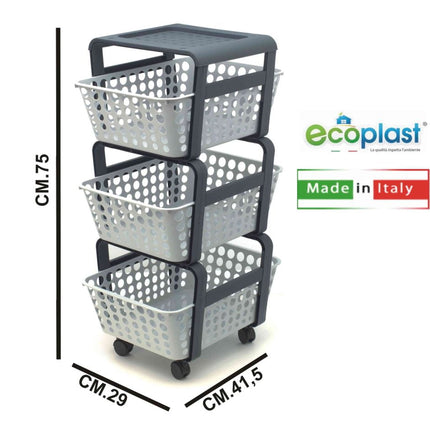 Ecoplast Carrello Portafrutta Modula 3 Piani E Carrello Da Cucina Dimensioni 29X42X75 Cm Grigio Ecoplast