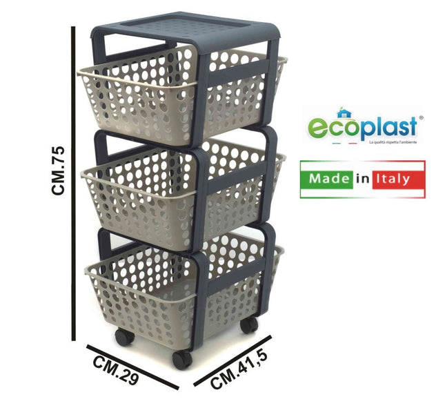 Ecoplast Carrello Portafrutta Modula 3 Piani E Carrello Da Cucina Dimensioni 29X42X75 Cm Tortora Ecoplast