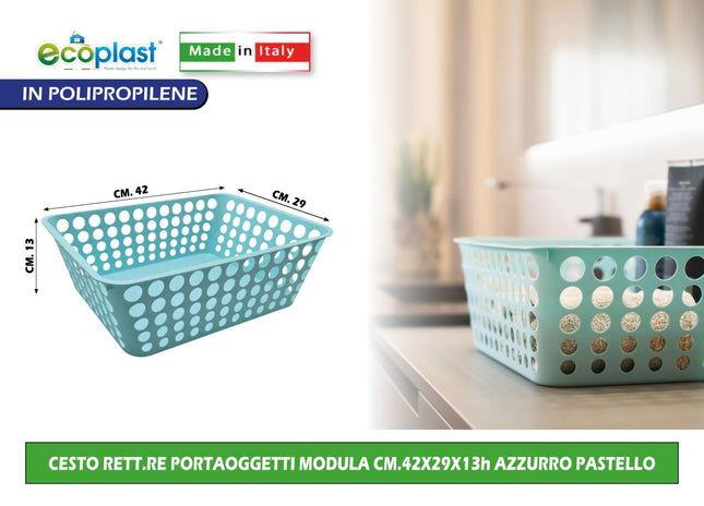 Ecoplast Cesto Rettangolare Portaoggetti Modula Cm.42X29X13H Multiuso Per La Casa E Ufficio Azzurro Paste Ecoplast