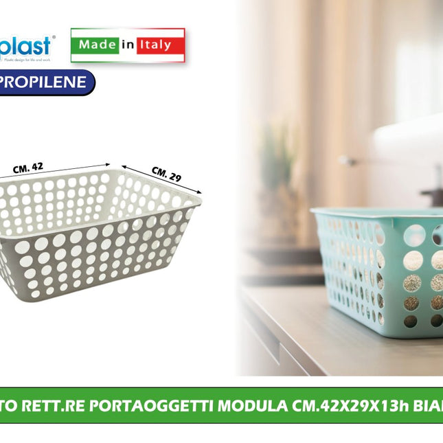 Ecoplast Cesto Rettangolare Portaoggetti Modula Cm.42X29X13H Multiuso Per La Casa E Ufficio Bianco Ecoplast