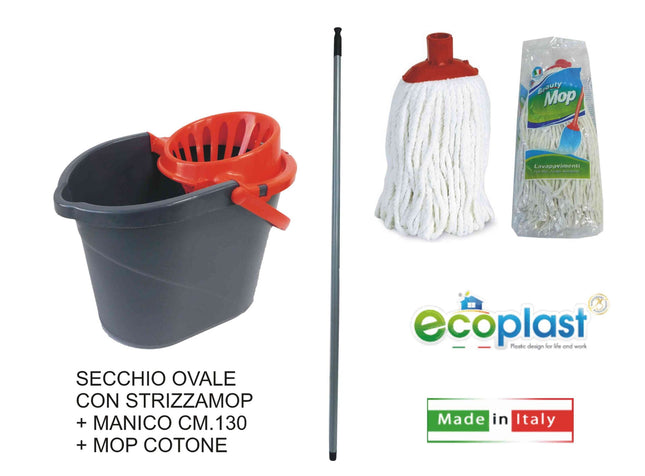 Ecoplast Set Pulizia: Secchio Ovale, Strizzamop, Mop E Manico Ecoplast