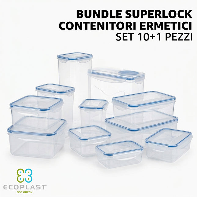 Set 10+1 Contenitori Ermetici Plastica BUNDLE Salvaspazio Cucina Cibo Senza BPA