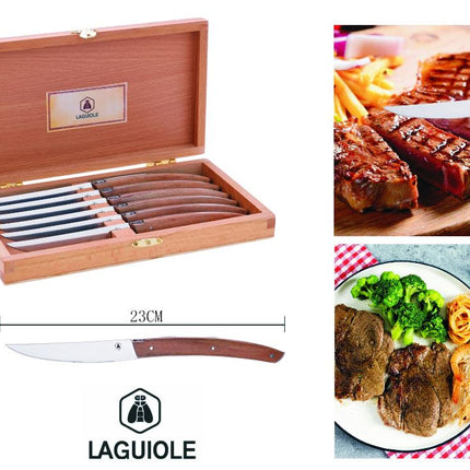 Laguiole - Laguiole 40268472 Scatola Da 6 Coltelli Da Bistecca (23 Cm) Con Lama In Acciaio Inossidabile E Manico In Legno Marrone Pakka Polyflame
