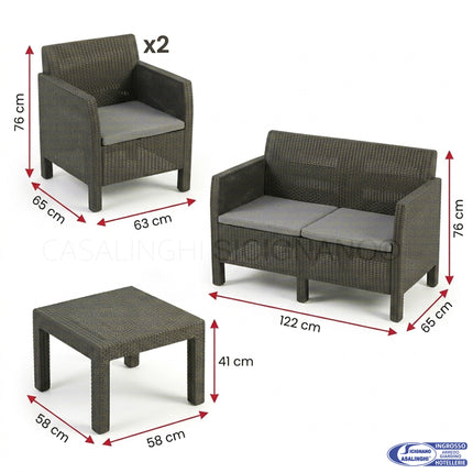Set Completo Matilde in Resina, Antracite, con Divano, Poltrone e Tavolino 2 Poltrone - 1 Divano - 1 Tavolino (4 Posti) D&D Casalinghi
