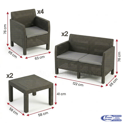 Set Completo Matilde in Resina, Antracite, con Divano, Poltrone e Tavolino 4 Poltrone - 2 Divani - 2 Tavolini (8 Posti) D&D Casalinghi